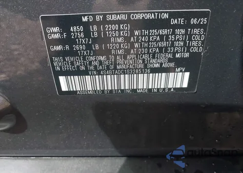 2025 Subaru Outback Premium from USA, damaged, VIN 4S4BTADC1S3285136